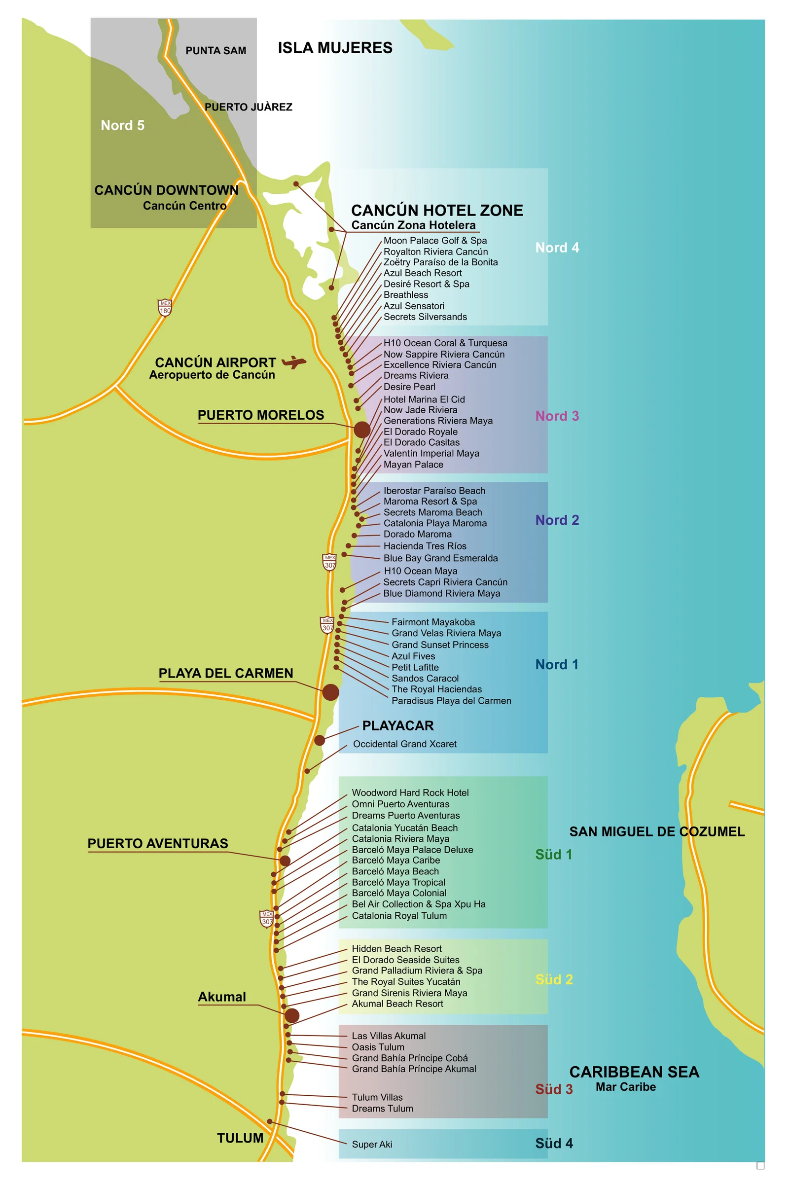 Karte der Hotelzonen Cancún und Riviera Maya mit Nord- und Süd-Zonen für die Abholung