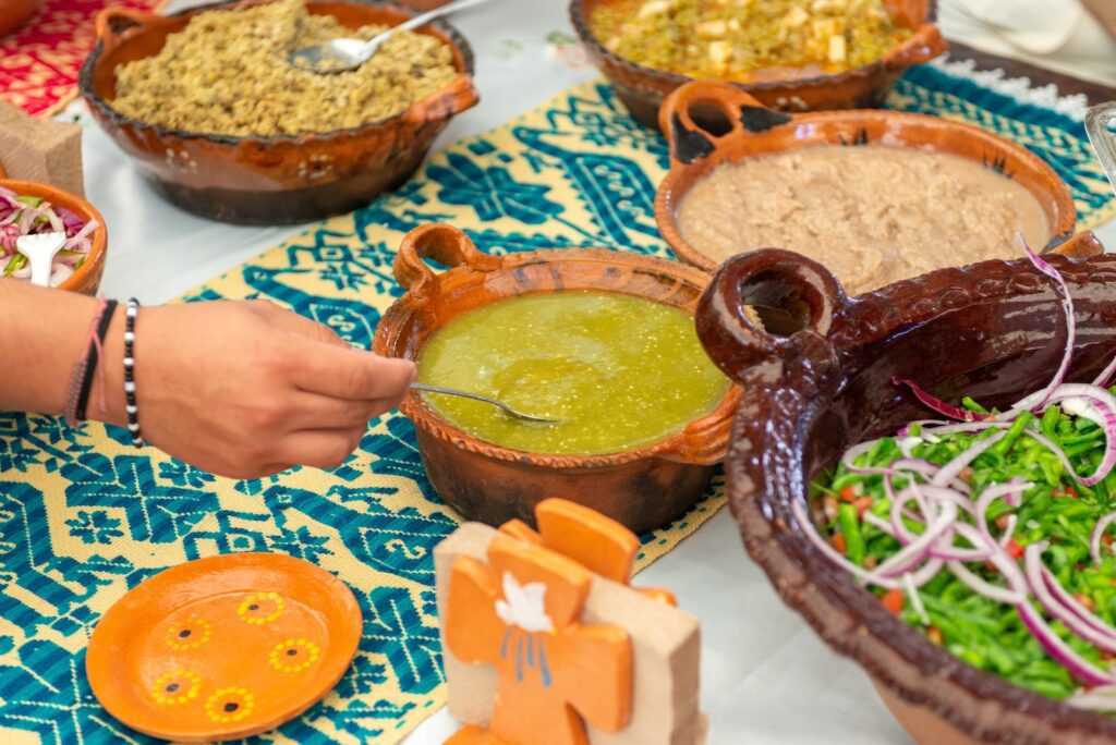 Authentic Mexican food in clay bowls on a day tour in Mexico