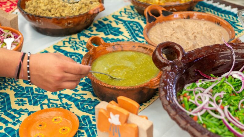 Authentic Mexican food in clay bowls on a day tour in Mexico