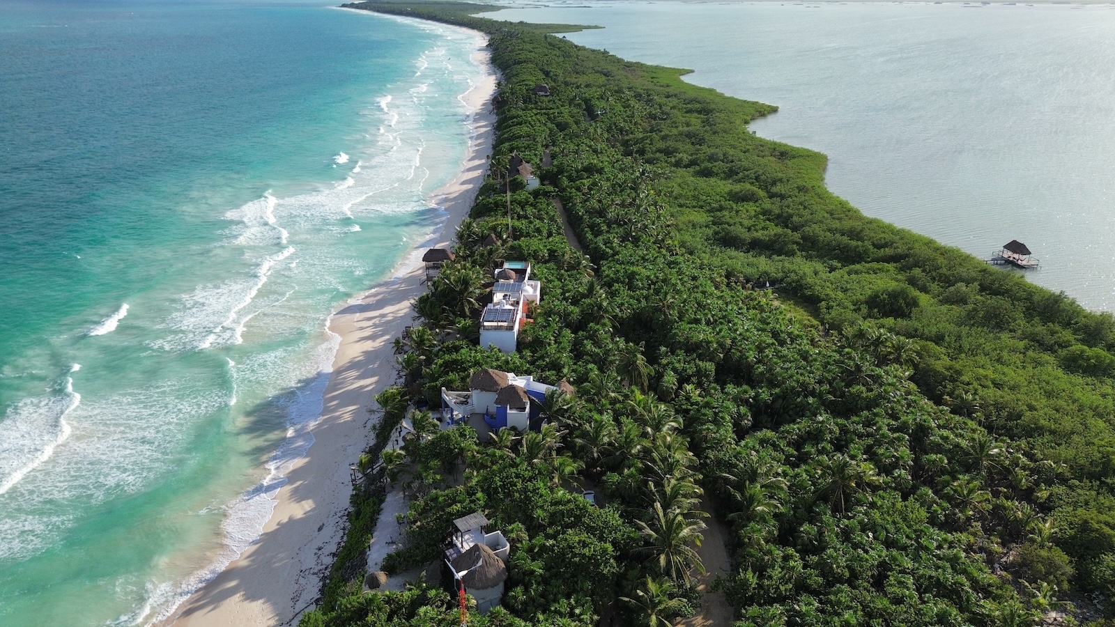 Reiseblog Mexiko: Luftaufnahme der Kueste von Sian Kaan mit weissem Sandstrand und tuerkisem Karibikwasser